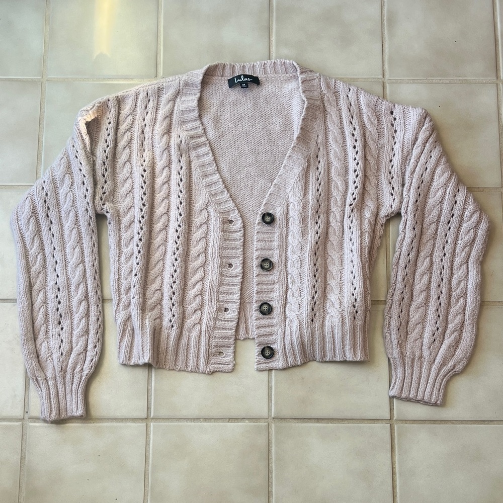 Lulu’s Light Pink Button Up Cable Knit Cardigan, boho, academia